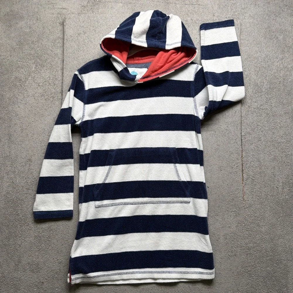 Mini Boden Blue White Striped‎ Terry Cloth Hoodie Kids 7 8